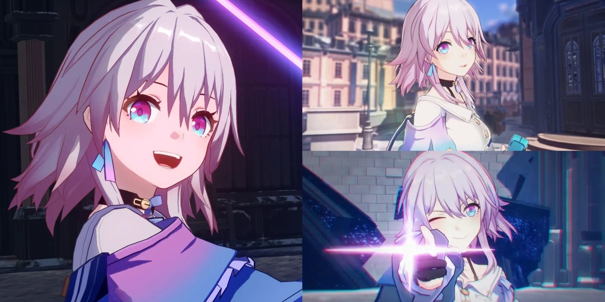 A collage of images of March 7th from Honkai: Star Rail, posing before her ultimate, with her camera, and making a finger gun.