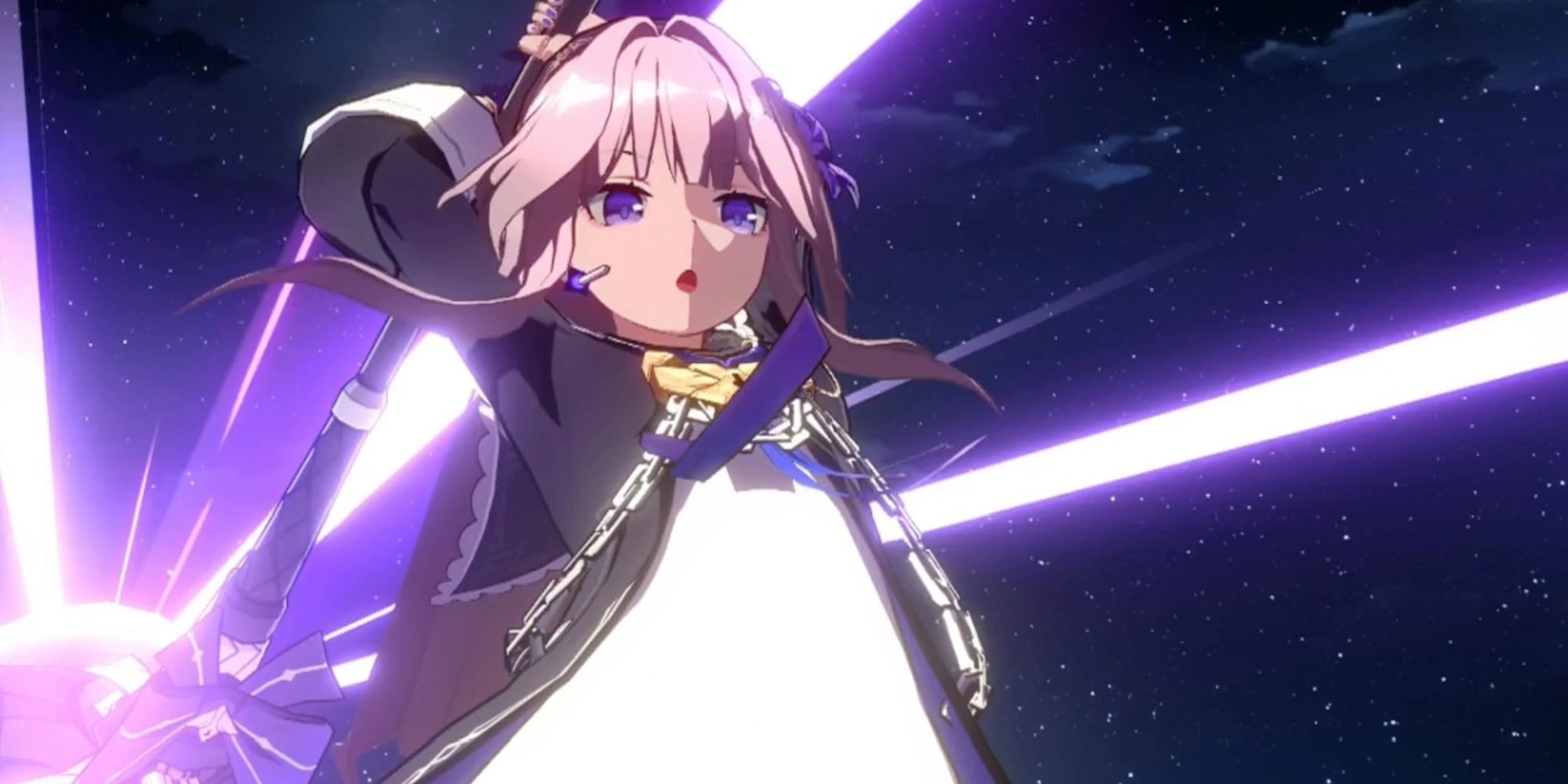 Herta performing her It's Magic, I Added Some Magic Ultimate attack with her massive hammer in Honkai: Star Rail