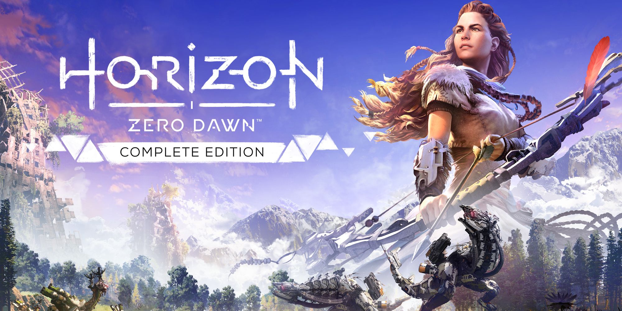 Horizon Zero Dawn cover art for the complete edition, featuring Aloy with her bow and a Scrapper machine below her