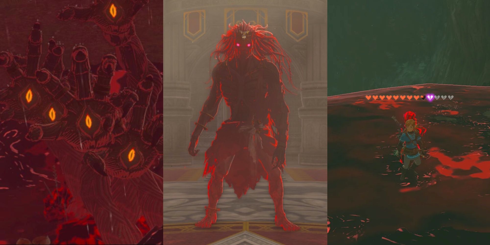 The Gloom hands from Tears of the Kingdom form a group. Phantom Ganon stands before Link. Link loses hearts to Gloom.