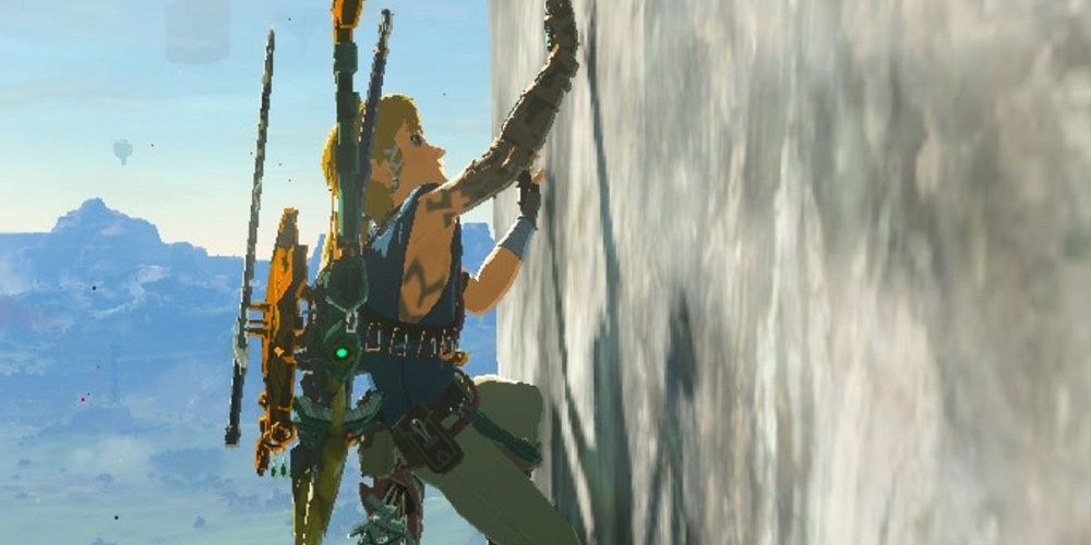 Link using the climbing gear to climb a steep cliff in The Legend of Zelda: Tears of the Kingdom the video game