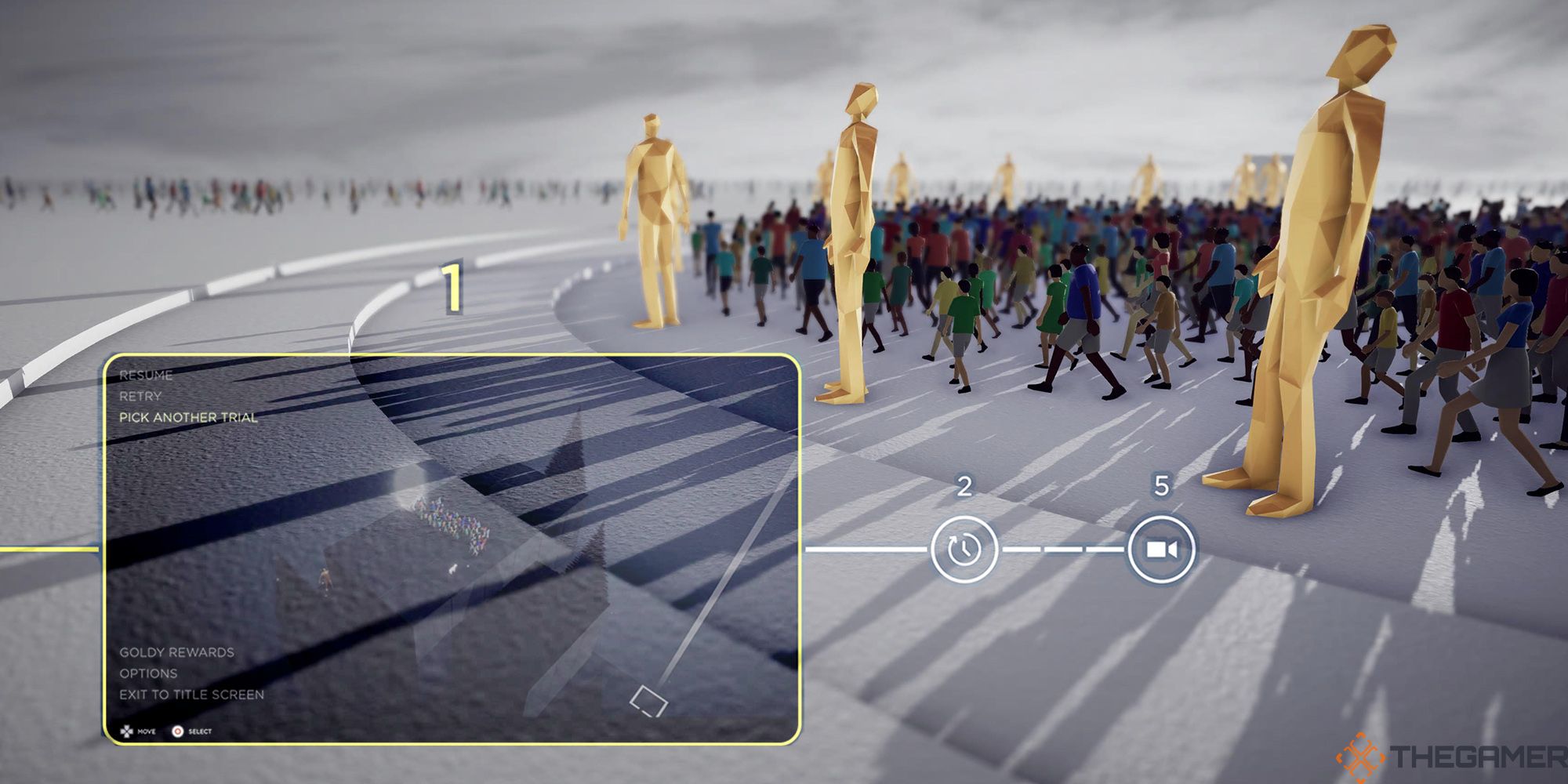 A crowd of humans, led by three Goldys, stand in an endless, white void. This image is overlapped by a window from the Goldy Rewards menu from Humanity.