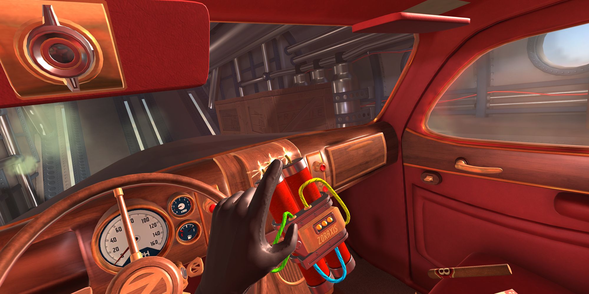 A first-person view of someone in a fancy car with a time bomb in I Expect You To Die