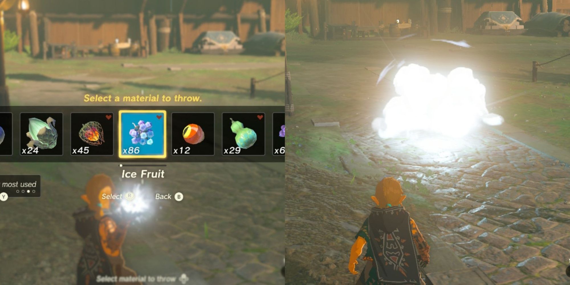 A split image of the item menu and the link that throws the ice fruit