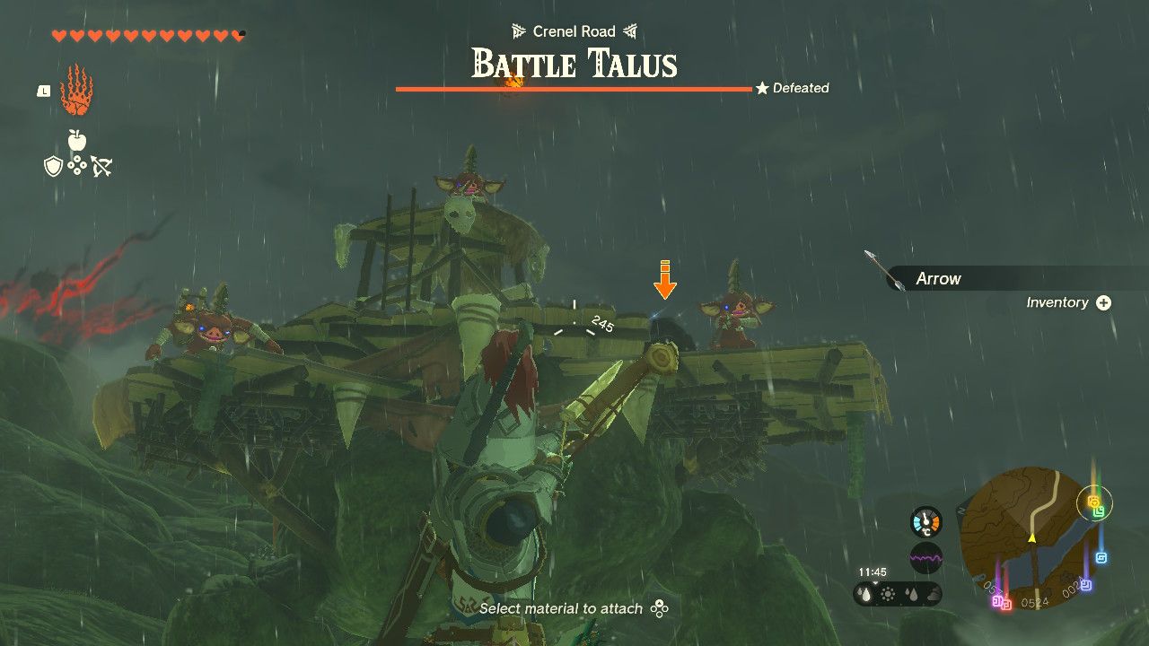 The Legend of Zelda: Tears of the Kingdom - a battle talus walks towards link as he aims a bow and arrow at it