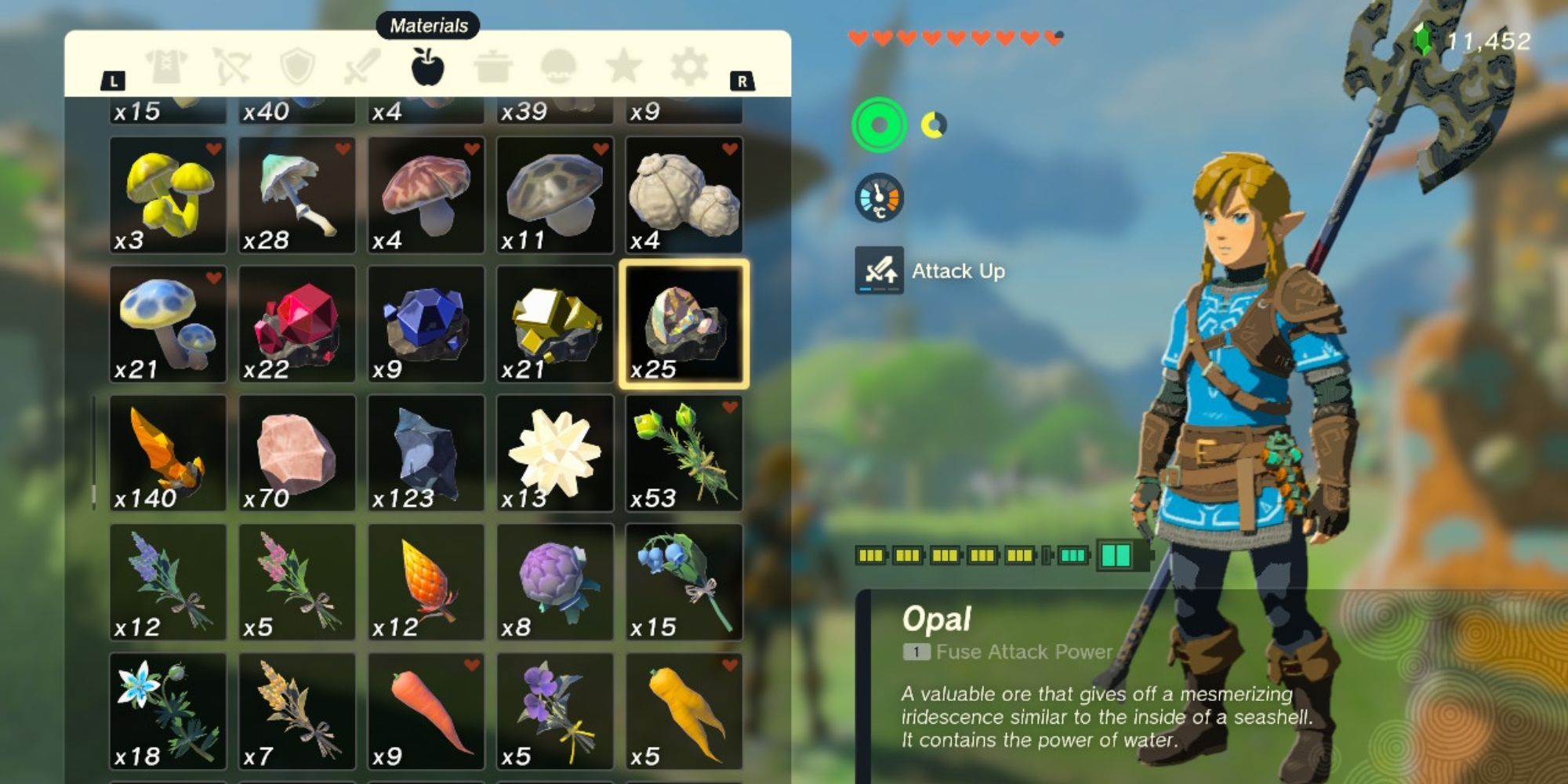 The Legend of Zelda: Tears of the Kingdom - Opal shown in the main item menu