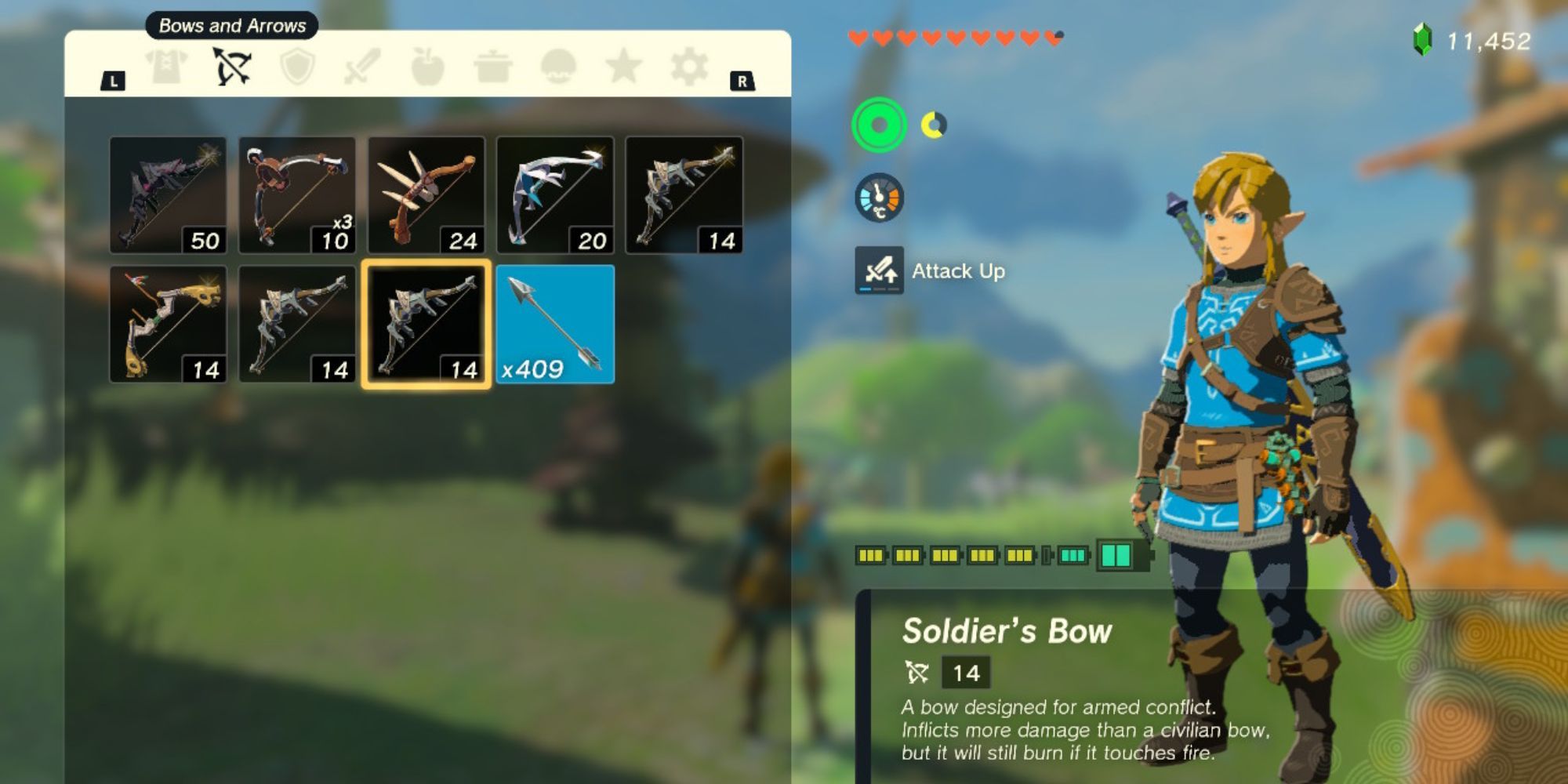 The Legend of Zelda: Tears of the Kingdom - Link finds the soldier's bow and shows it in the weapon menu