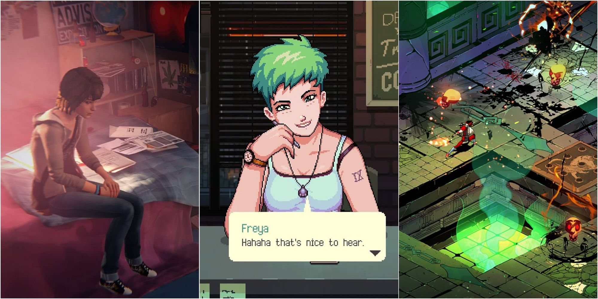 A collage of items from a young woman sitting on a bed to a green haired woman smiling in a cafe to an isometric view of a figure fighting floating skeletons