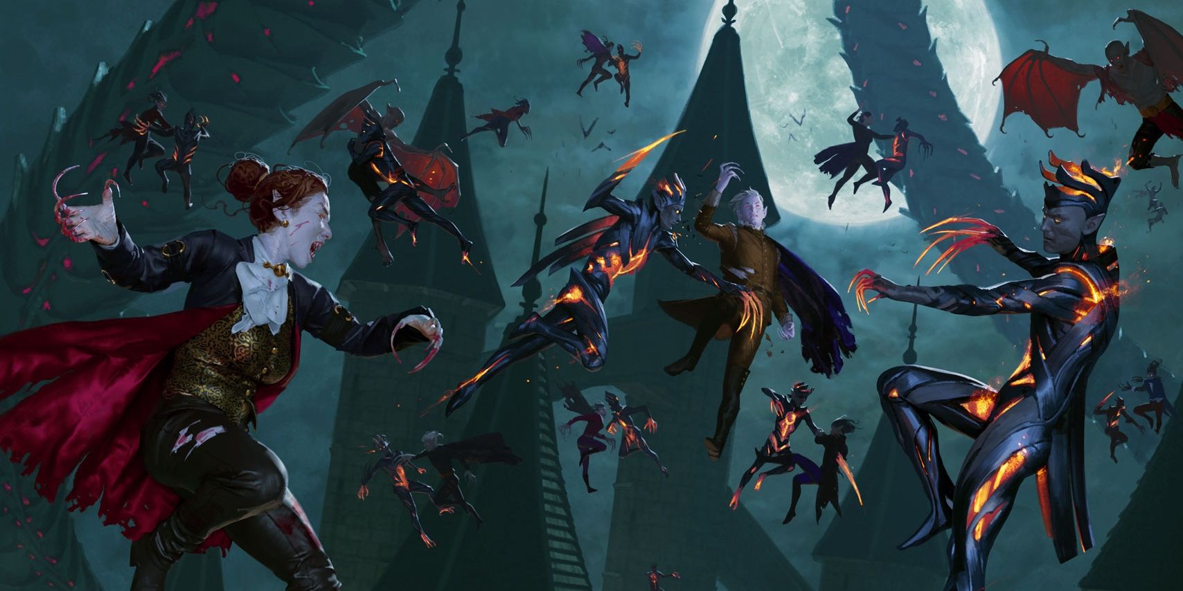 Vampires battle phyrexians mid air beyond castle and moon in Magic: The Gathering.