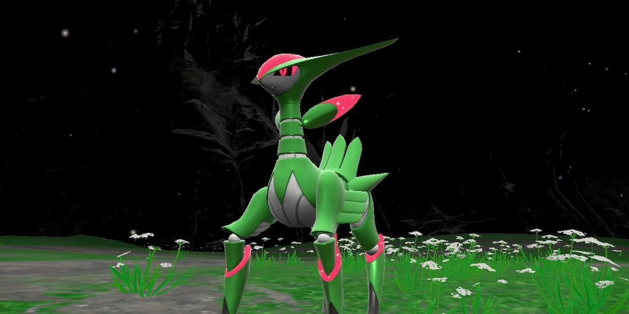 Iron Leaves stands tall in the grass in Pokemon Scarlet & Violet.