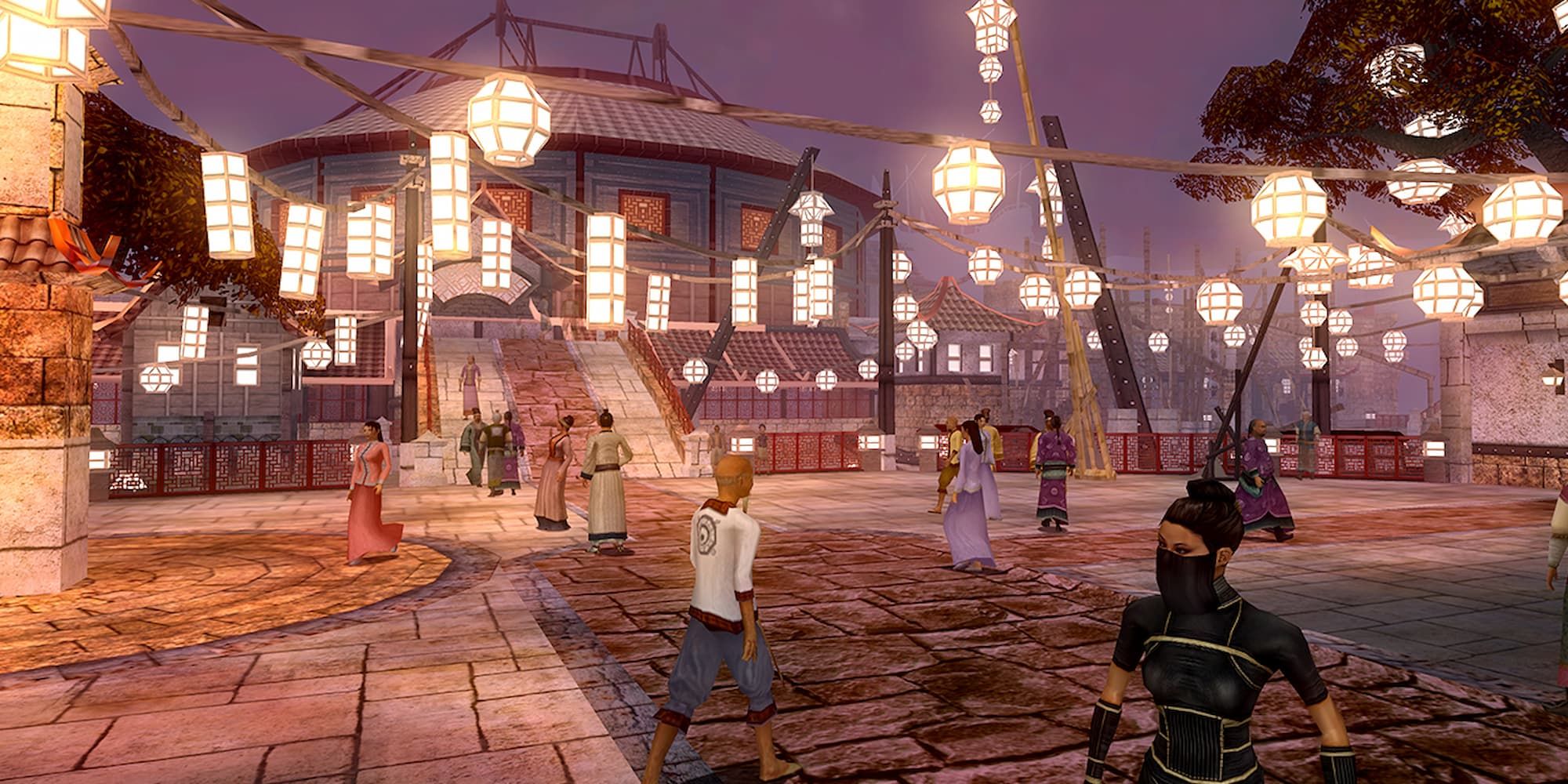 A masked woman is in the forefront as civilians walk in the background of Jade Empire Mobile.