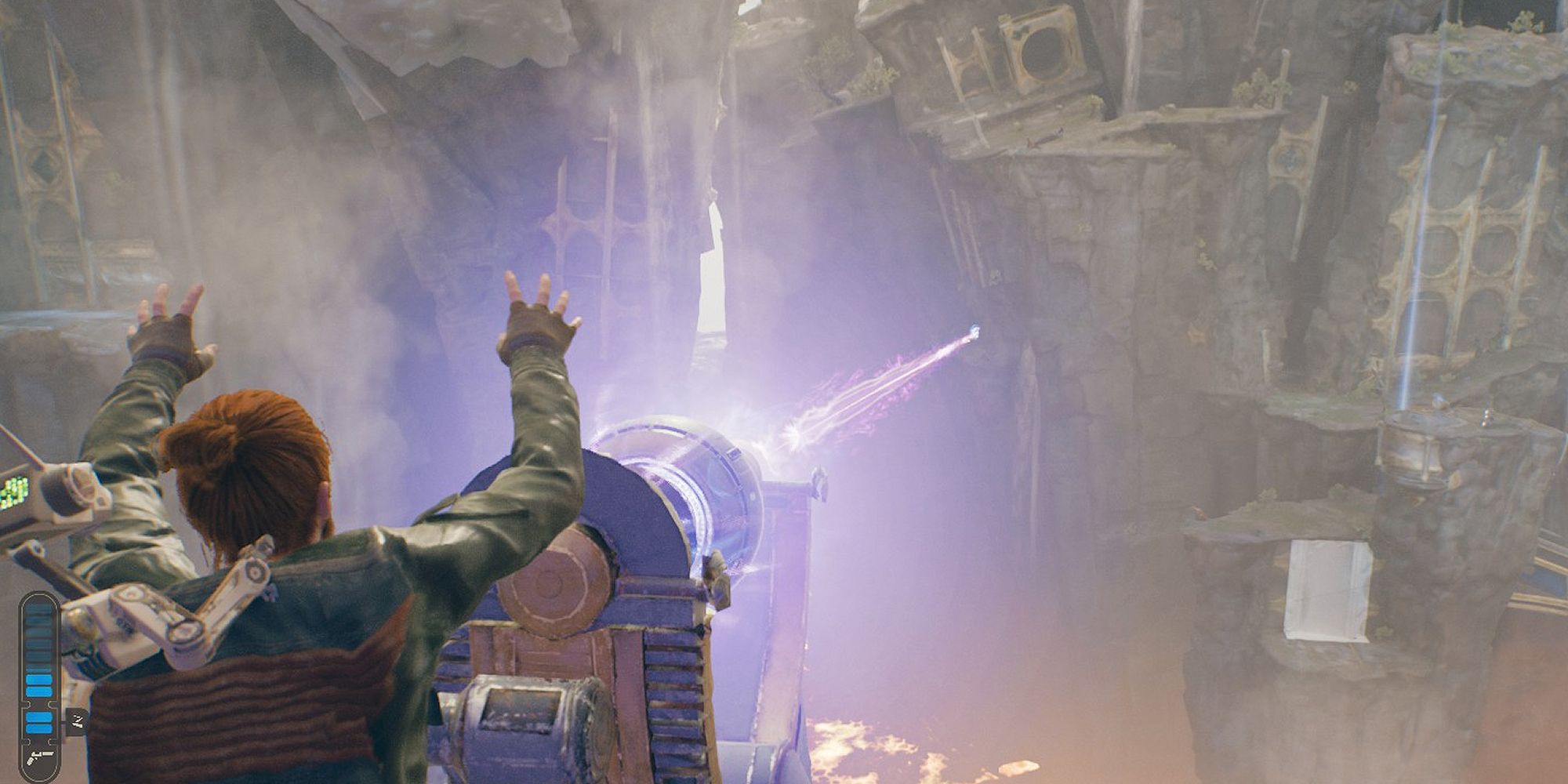 An image showing Cal Kestis from Star Wars Jedi: Survivor redirecting an orb coupler beam to a ledge.