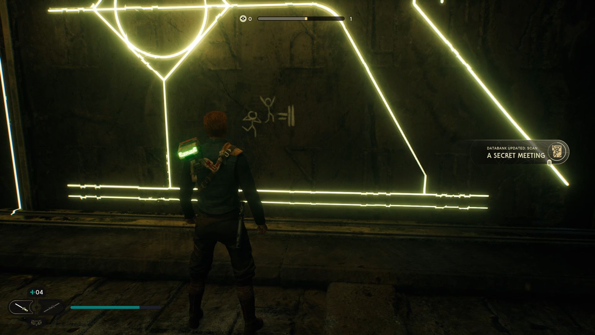 Jedi Survivor, Cal looking at the crude drawing on the wall
