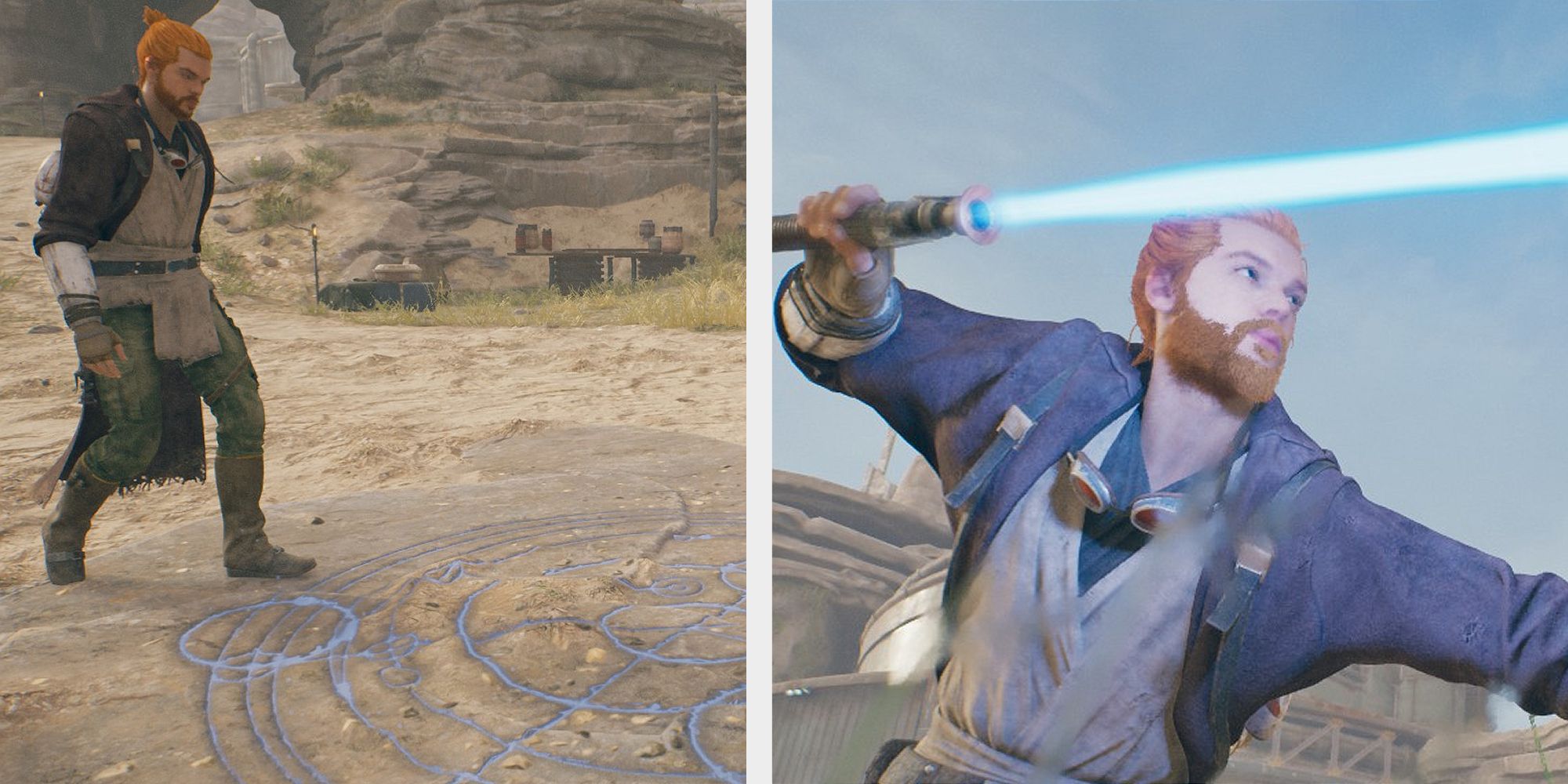 A split image of Cal Kestis from Star Wars Jedi Survivor, in the first he is approaching a meditation point to select his perks, in the second he is in a combat stance.