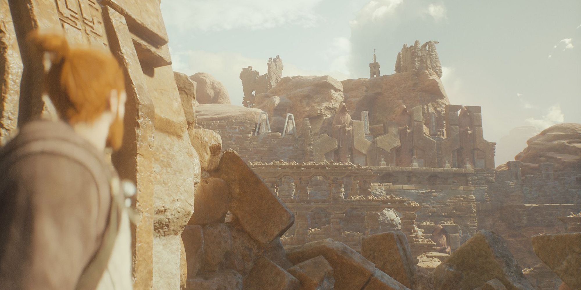 An image of Cal Kestis searching for perks on Jedha, a planet in Star Wars Jedi: Survivor. Jedha is a desert landscape filled with mysterious jedi ruins.