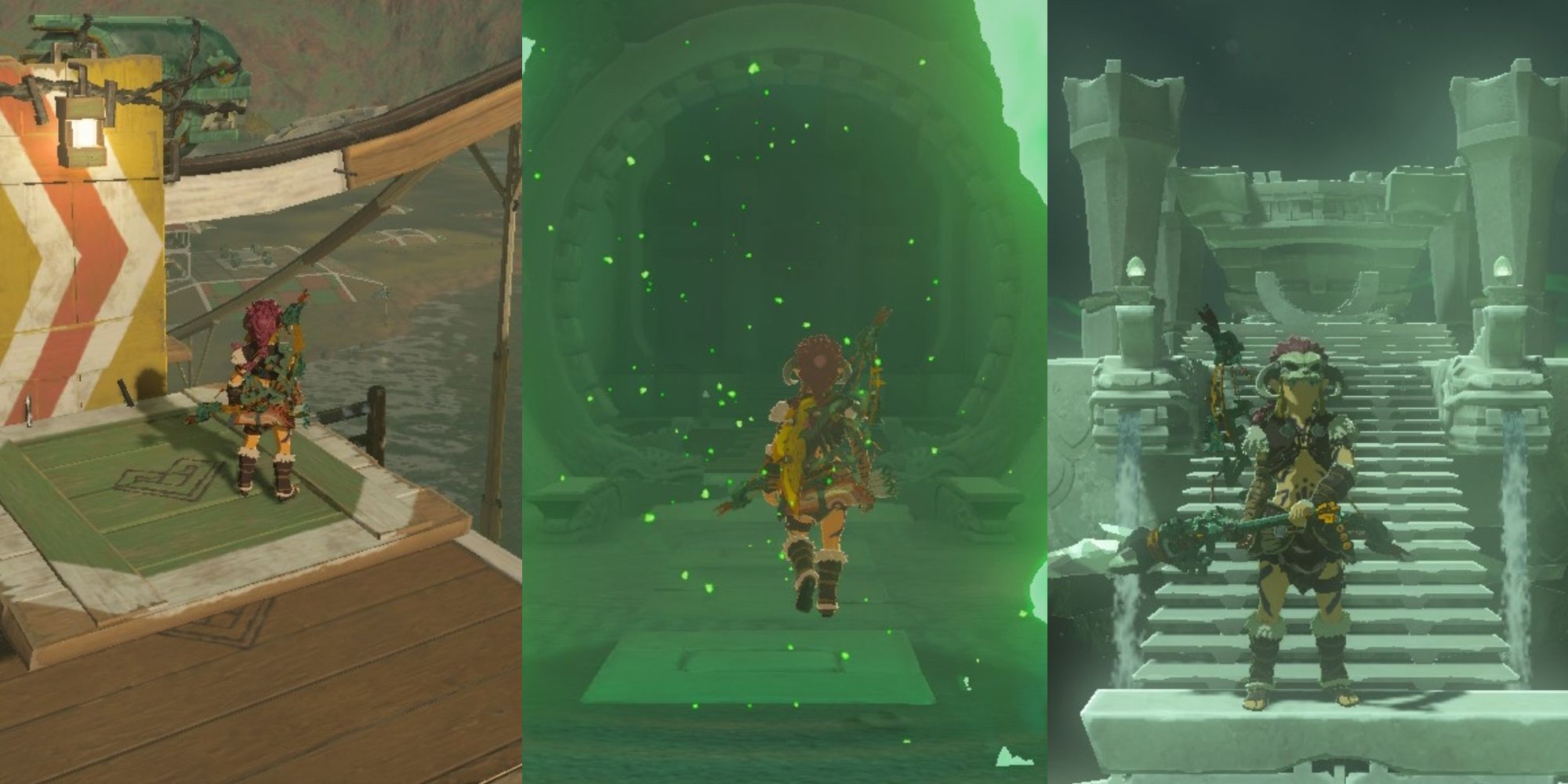 Link rides an air taxi. Link enters the shrine. Link standing on top of a chest in Tears of the Kingdom.