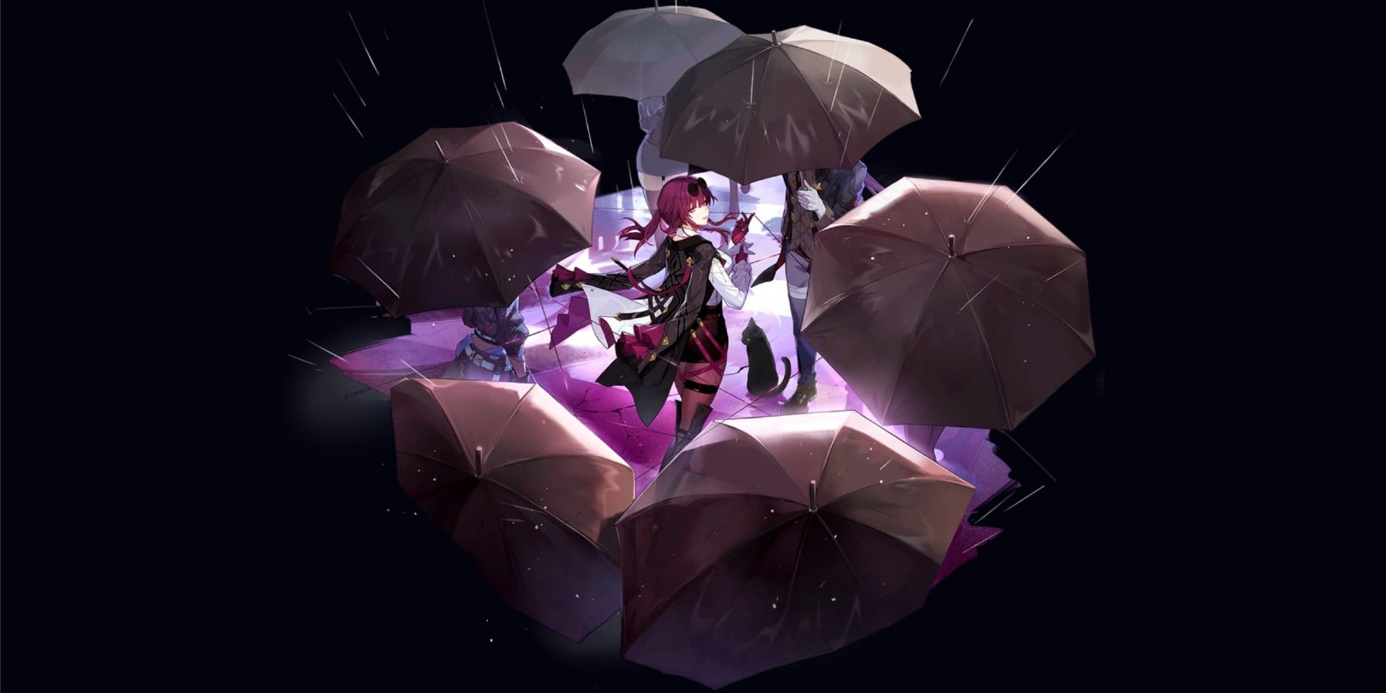 Kafka stands in the rain while surrounded by umbrellas. Silver Wolf and Welt can be seen, but are somewhat obscured