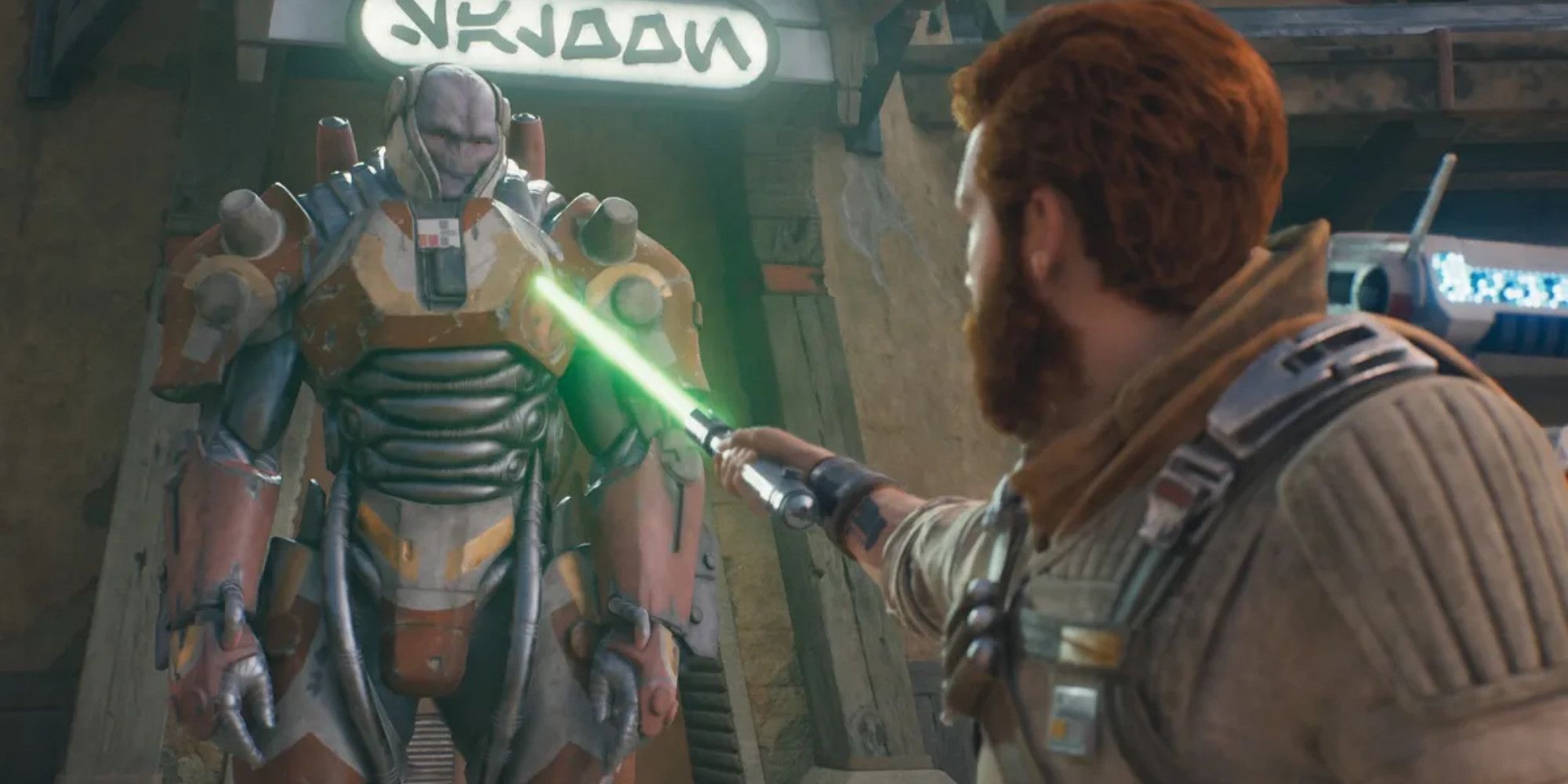 Kal Kestis pointing a lightsaber at an enemy