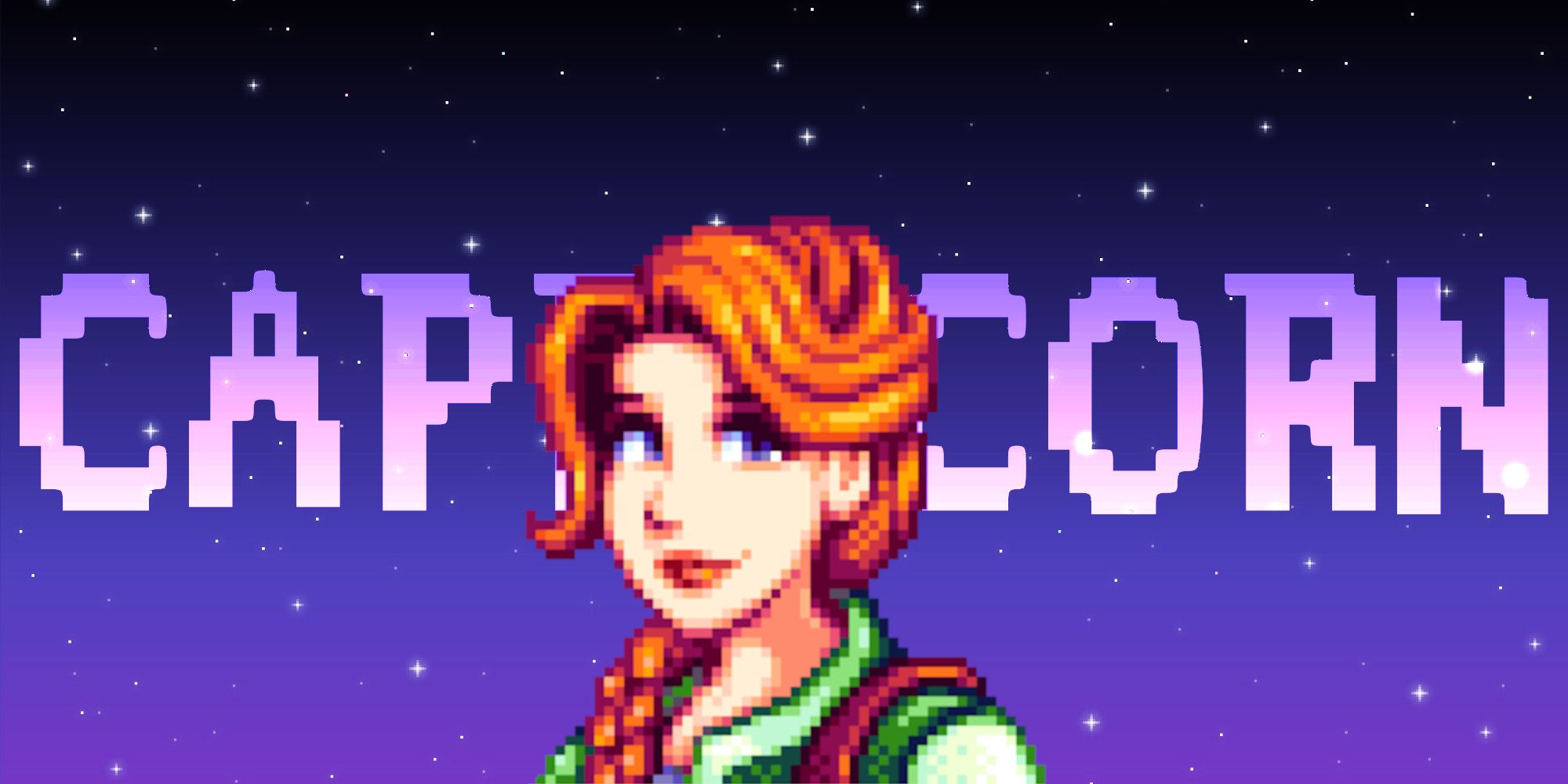 Leah from Stardew Valley in front of a pixel star background and text reading %22Capricorn%22