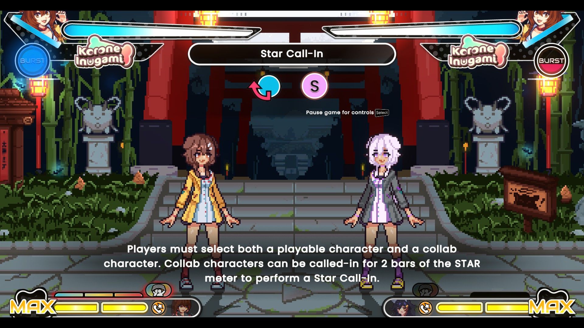 A tutorial of Korone Inugami standing with a prompt explaining a collaboration call-in in an idol showdown.