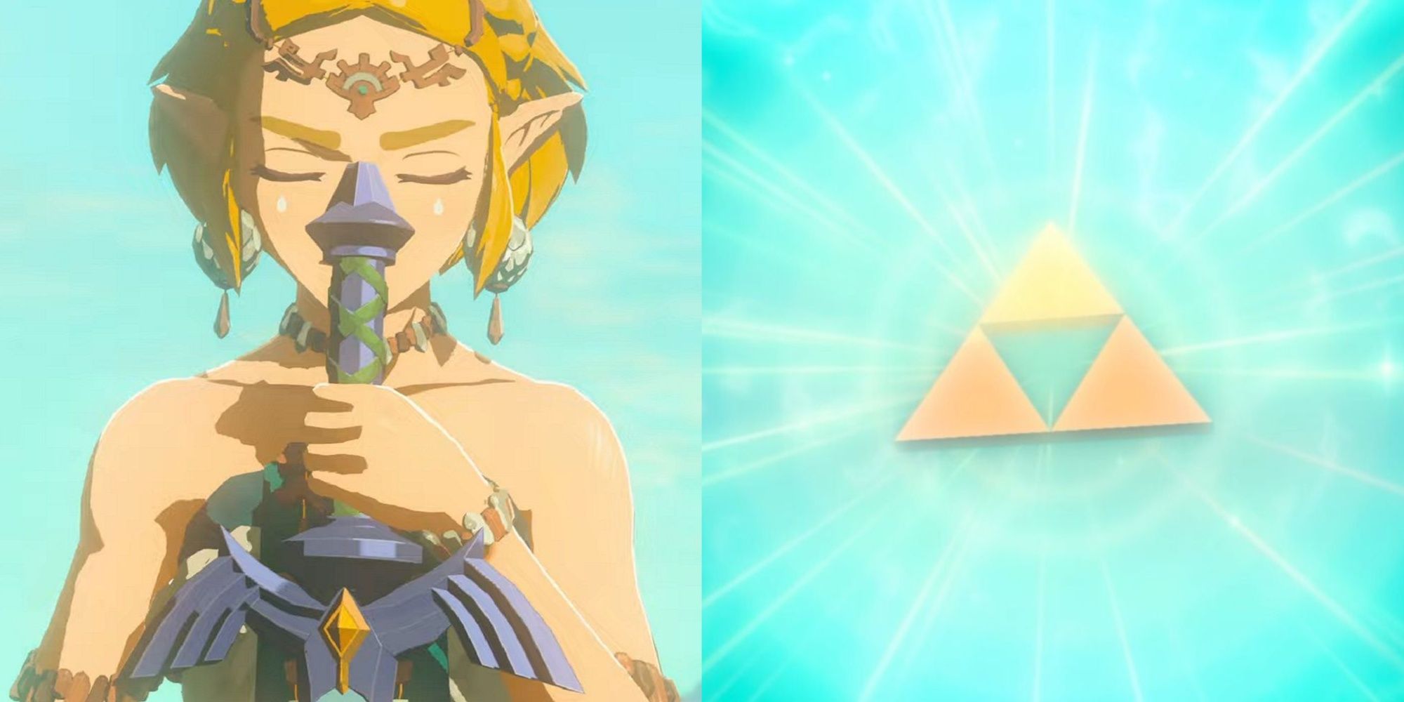 Zelda in Zonai clothing holding the Master Sword to the right, and the Triforce surround by blue rays of light to the right