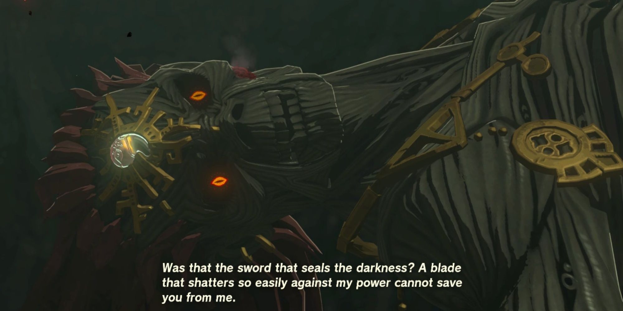 Legend of Zelda tears of the Kingdom, Ganon's heavily emaciated corpse like body after the master sword broke