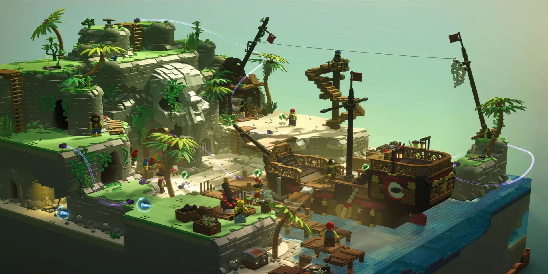 An isometric Lego Bricktales pirate-themed island featuring player creations such as staircases and a pirate boat