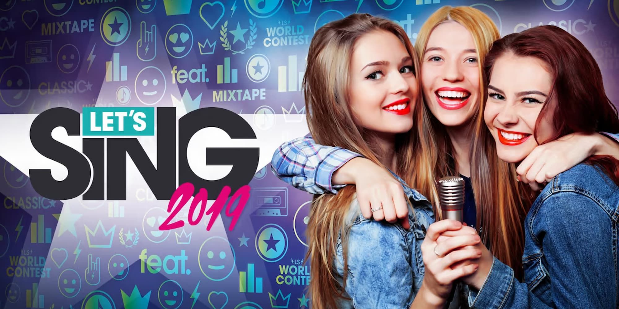 One girl puts her arms over the shoulders of two other girls who are holding a microphone in the cover image of Let's Sing 2019.