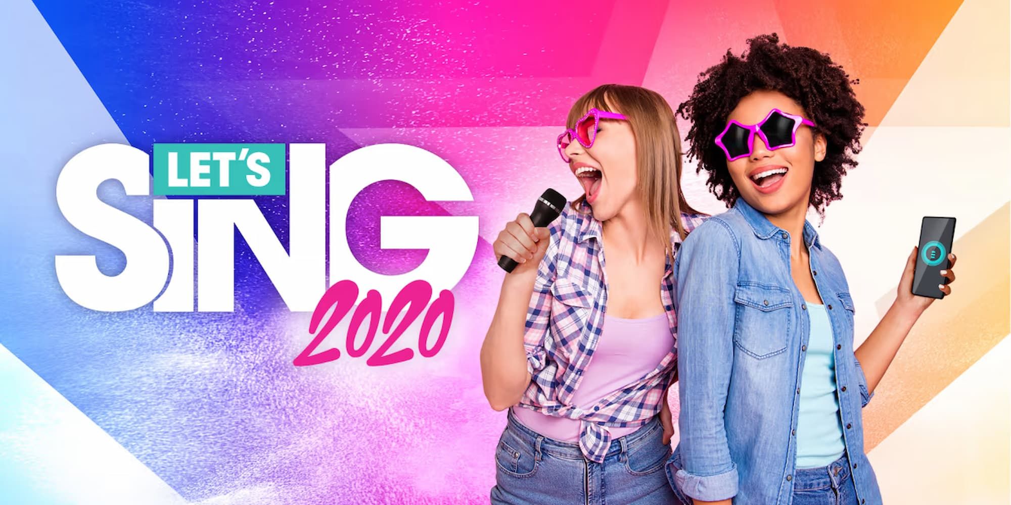 One girl sings into a microphone while another holds a smartphone, and both are wearing sunglasses, in the cover photo for Let's Sing 2020.