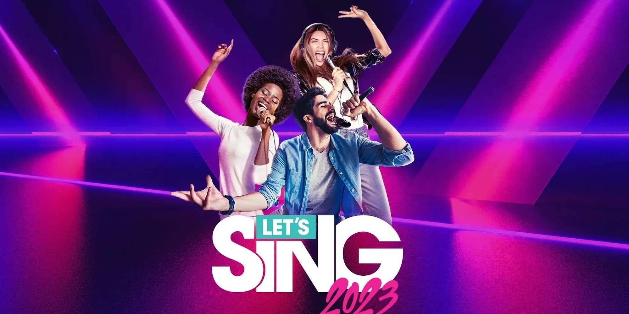 The Let's Sing 2023 logo sits under two women and a man singing their hearts out into microphones.