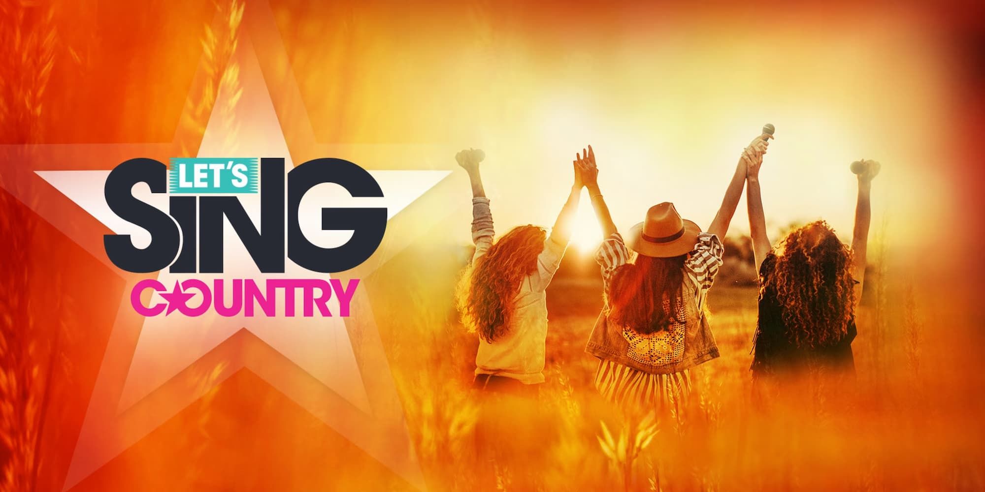 Three women raise their arms in a field for the promo image of Let's Sing Country.