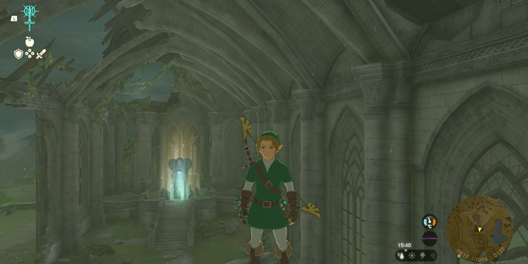 Link at the Temple of Time with the Goddess Statue in the background in The Legend of Zelda Tears of the Kingdom