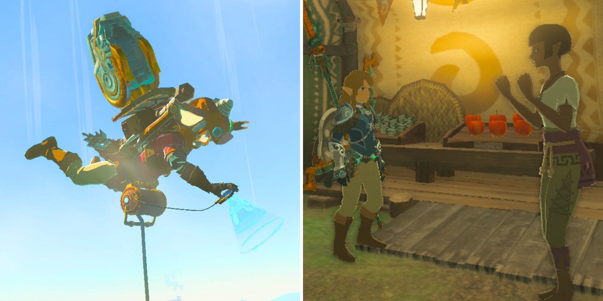 link diving through sky and speaking to shopkeeper in zelda tears of the kingdom
