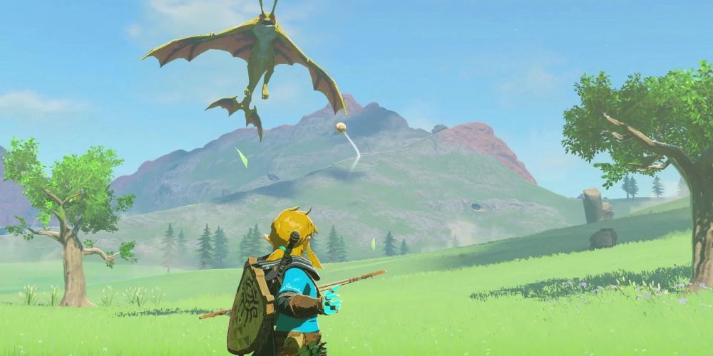 Link firing arrows at Aerocuda in Tears in the Kingdom of Zelda