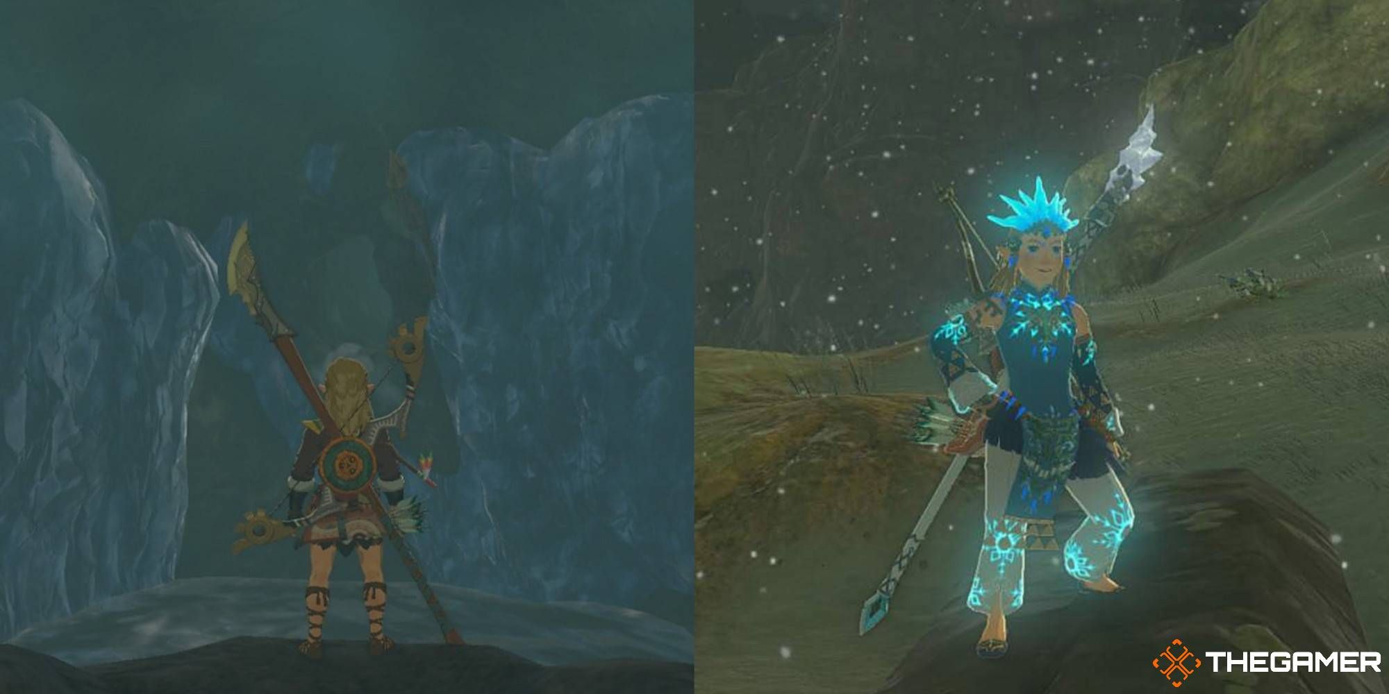 link in the hebra headspring cave covered in ice and link in the frostbite armor set in tears of the kingdom frostbite shirt frostbite trousers frostbite helm location guide-1