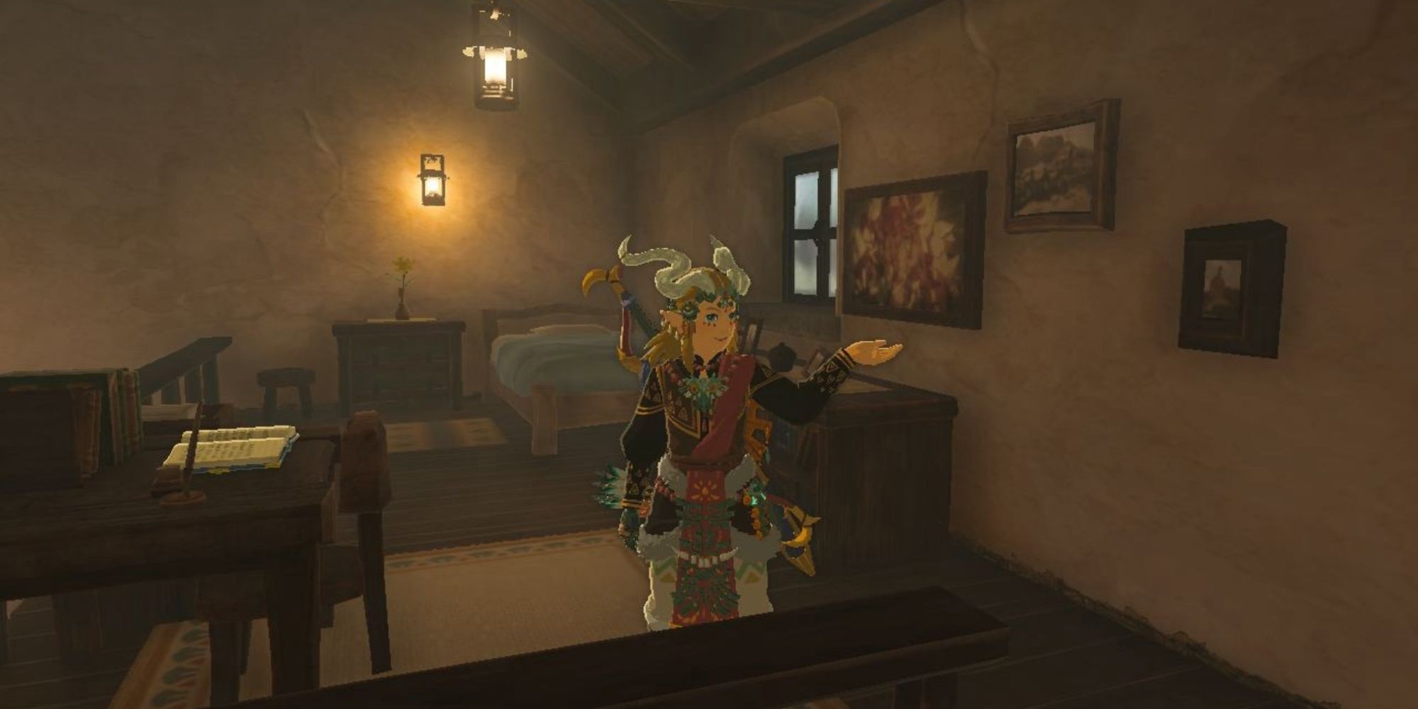 Link showing off the Champions picture in his house in The Legend of Zelda Tears of the Kingdom