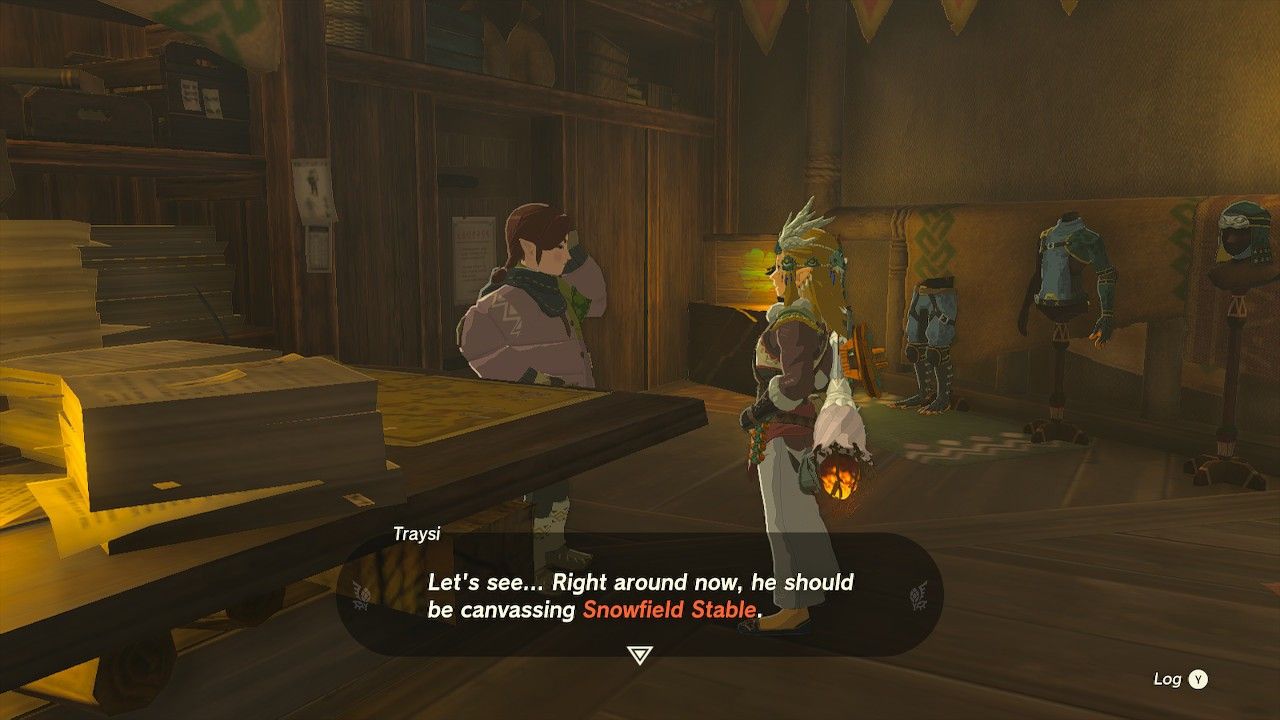Link speaking to Tracy in the Lucky Clover Gazette, tearing up over the possible sighting of the kingdom's princess