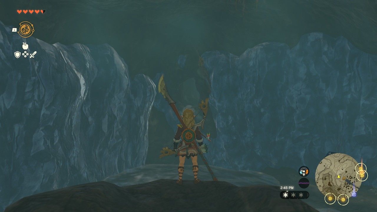 Link stands on one of the icicles in the cave wearing the Frostbite Pants of the Tears of the Kingdom Frostbite armor location