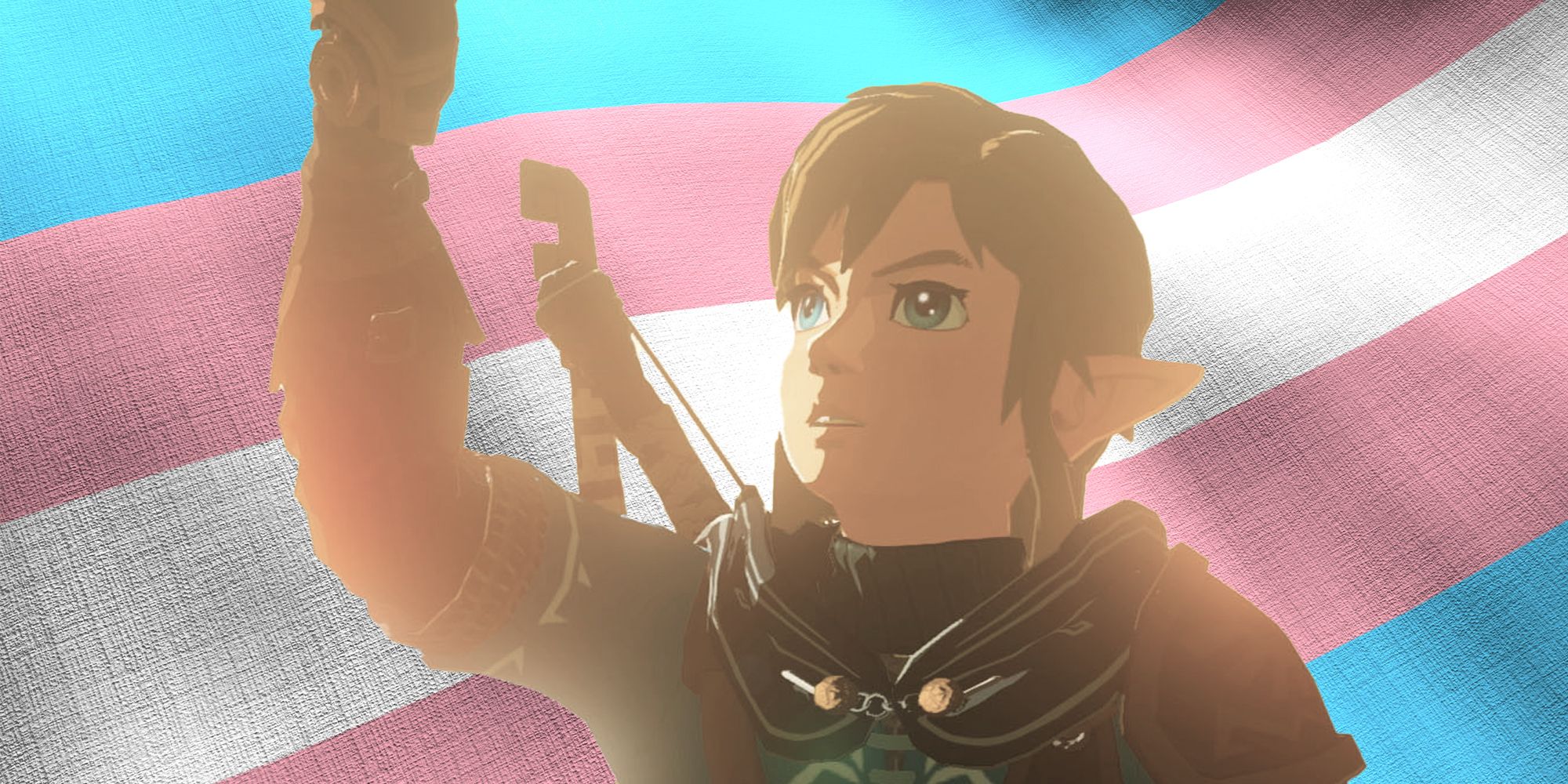 Link from Breath of the Wild in front of a trans flag 