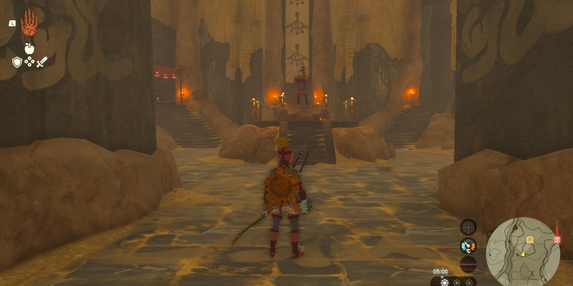 Link wearing the Yiga disguise in the Yiga Clan Hideout in The Legend of Zelda Tears of the Kingdom