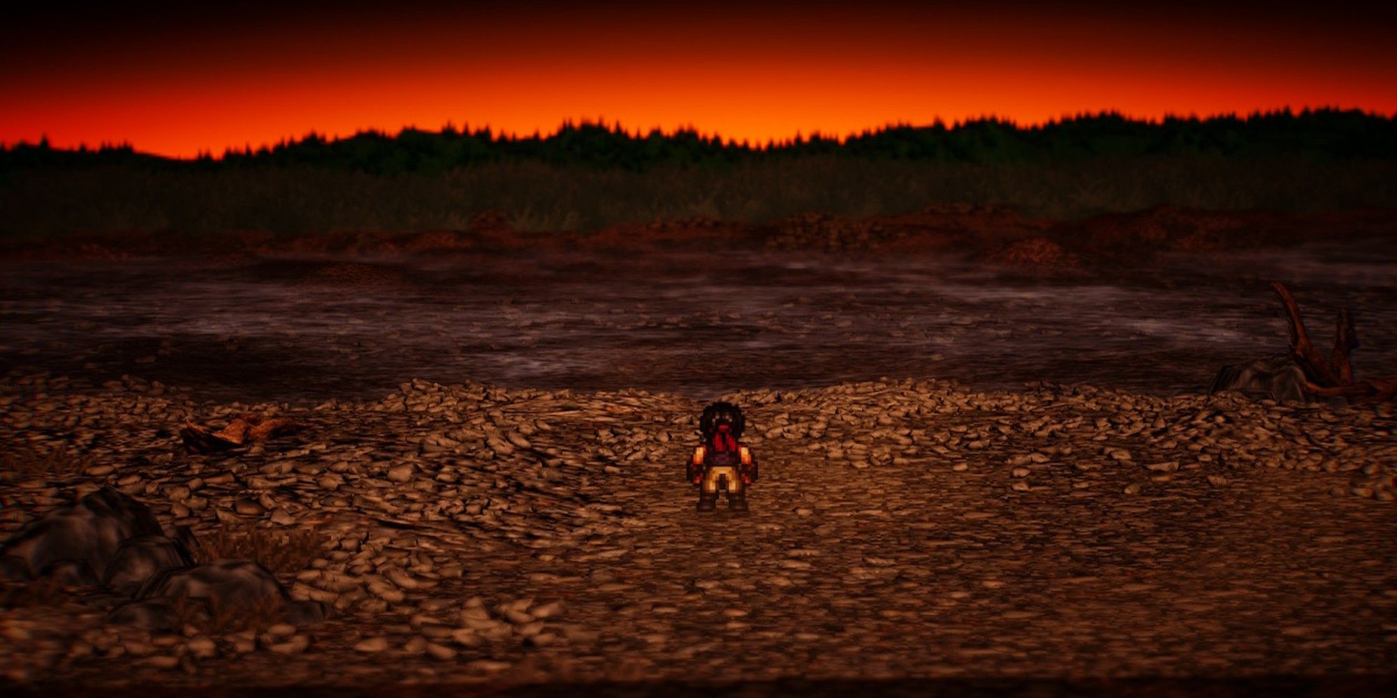 The main character of the Present Day chapter in a barren wasteland with red sky.