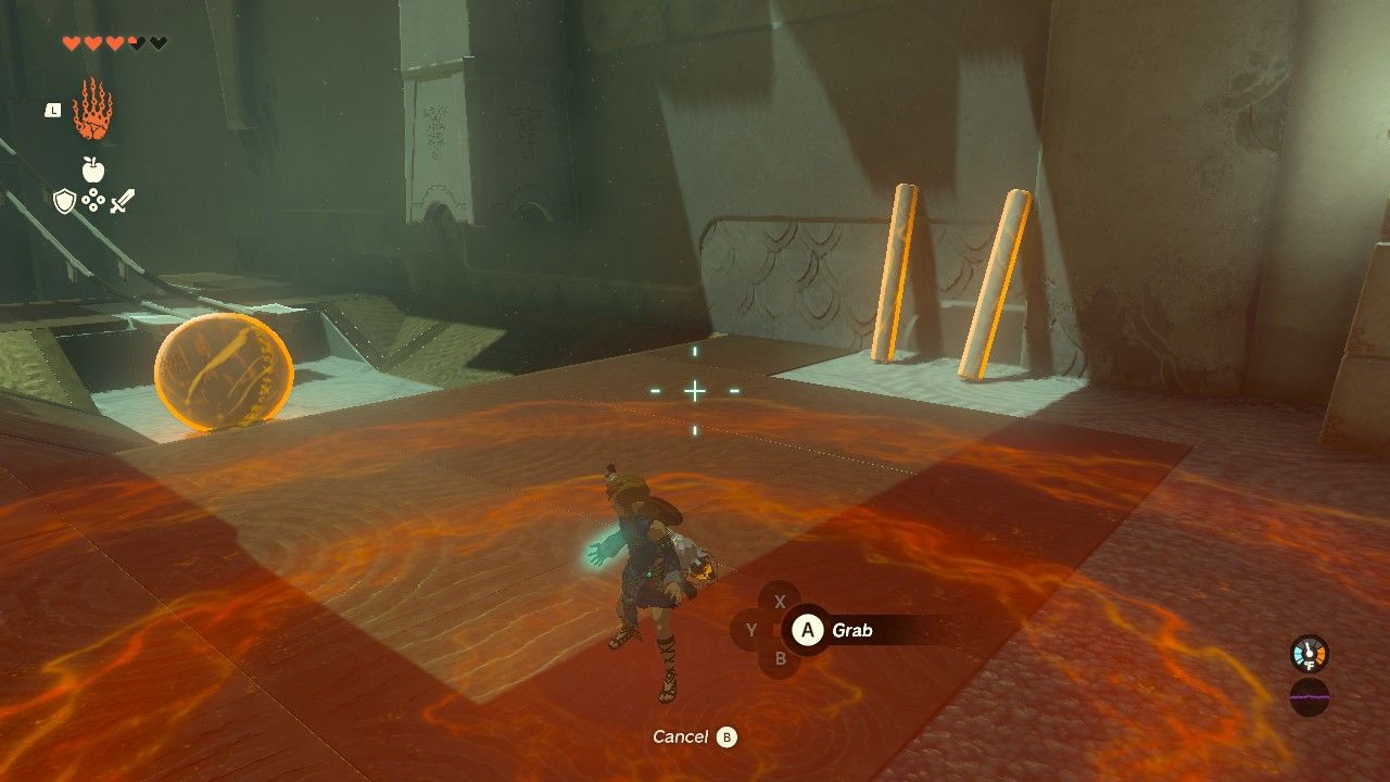 The location of the metal rod relative to the ball on the second platform of Lunakit Shrine The Legend of Zelda's Tears Realm