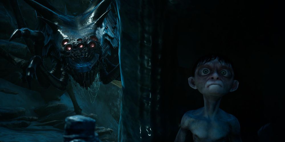Smeagol hides from Shelob in The Lord of the Rings Gollum.