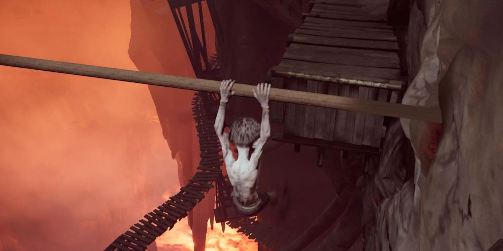 the lord of the rings: gollum swinging across a chasm in the halls of grond