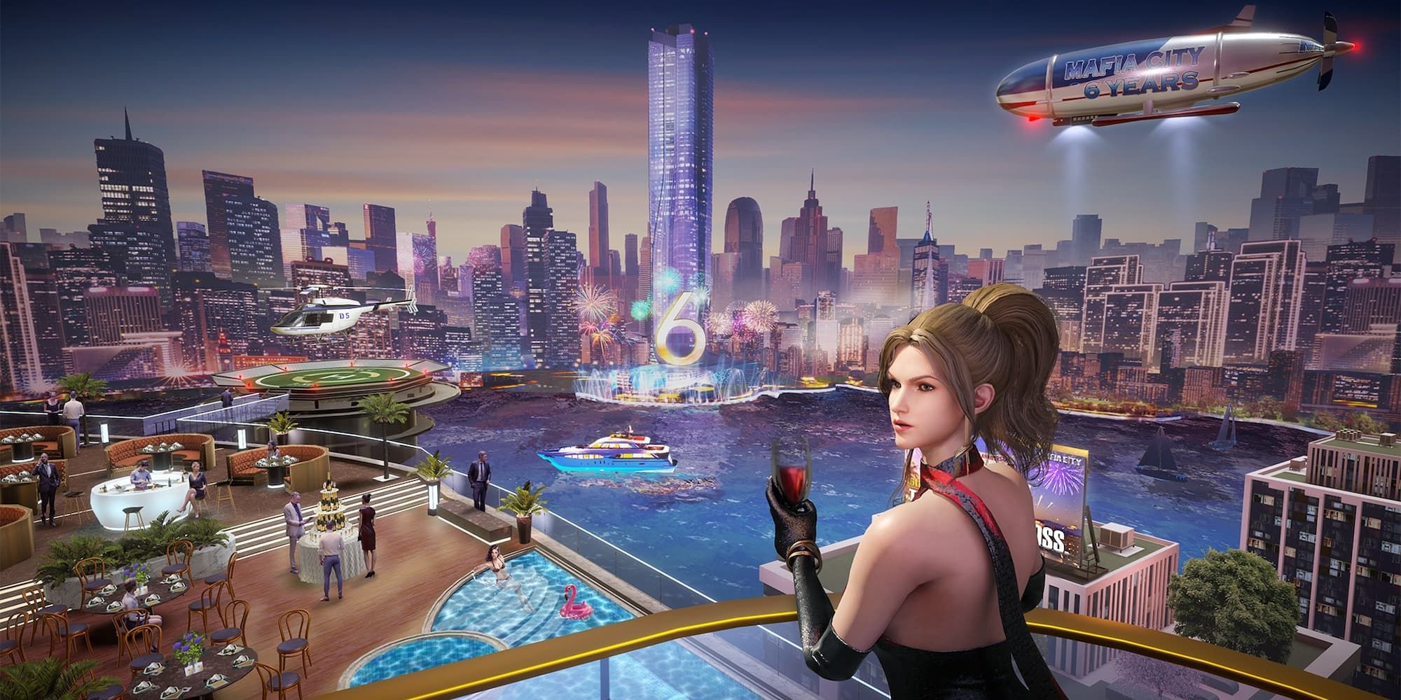A woman looks over a balcony with a drink in hand, as a blimp and a giant number indicate Mafia City's 6th anniversary.