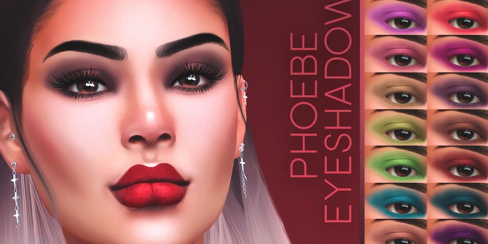 A Sim with custom eyeshadow next to an image of eyes with a variety of different colored eyeshadows