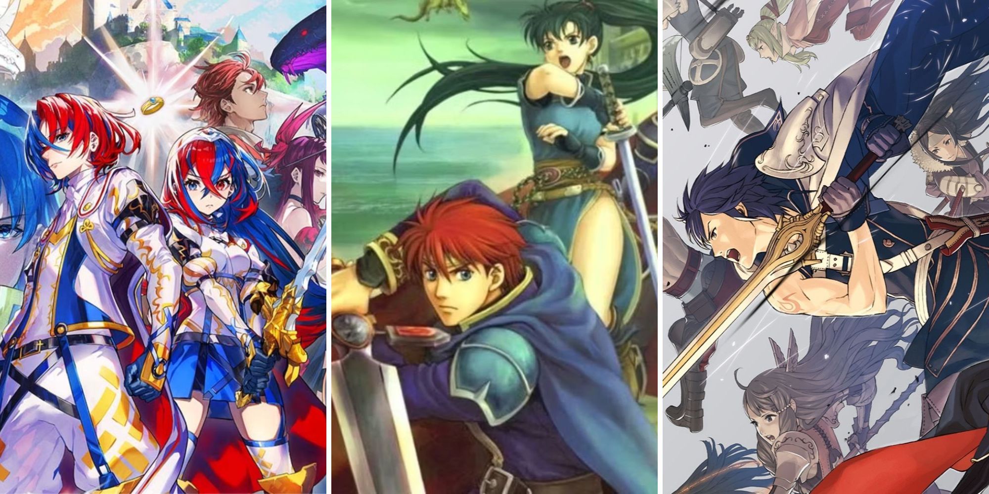 Male and Female Alear stand beside each other, Eliwood and Lyn prepare to attack, Chrom falls through the air with his allies