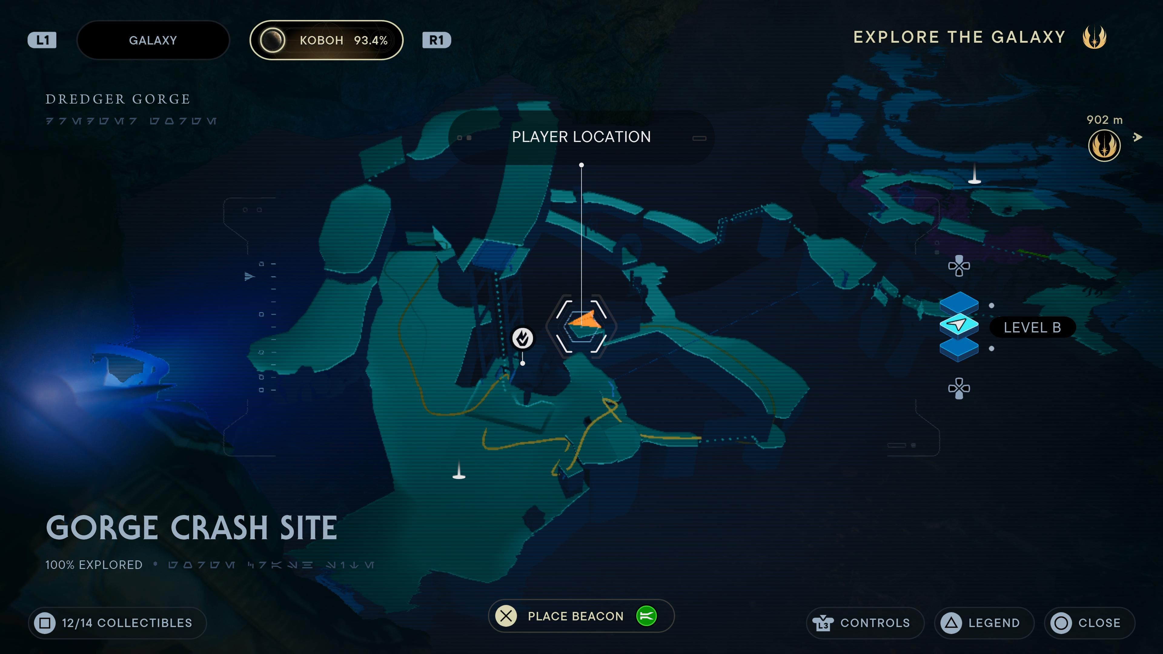 Map location of a treasure in the Gorge Crash Site in Jedi Survivor