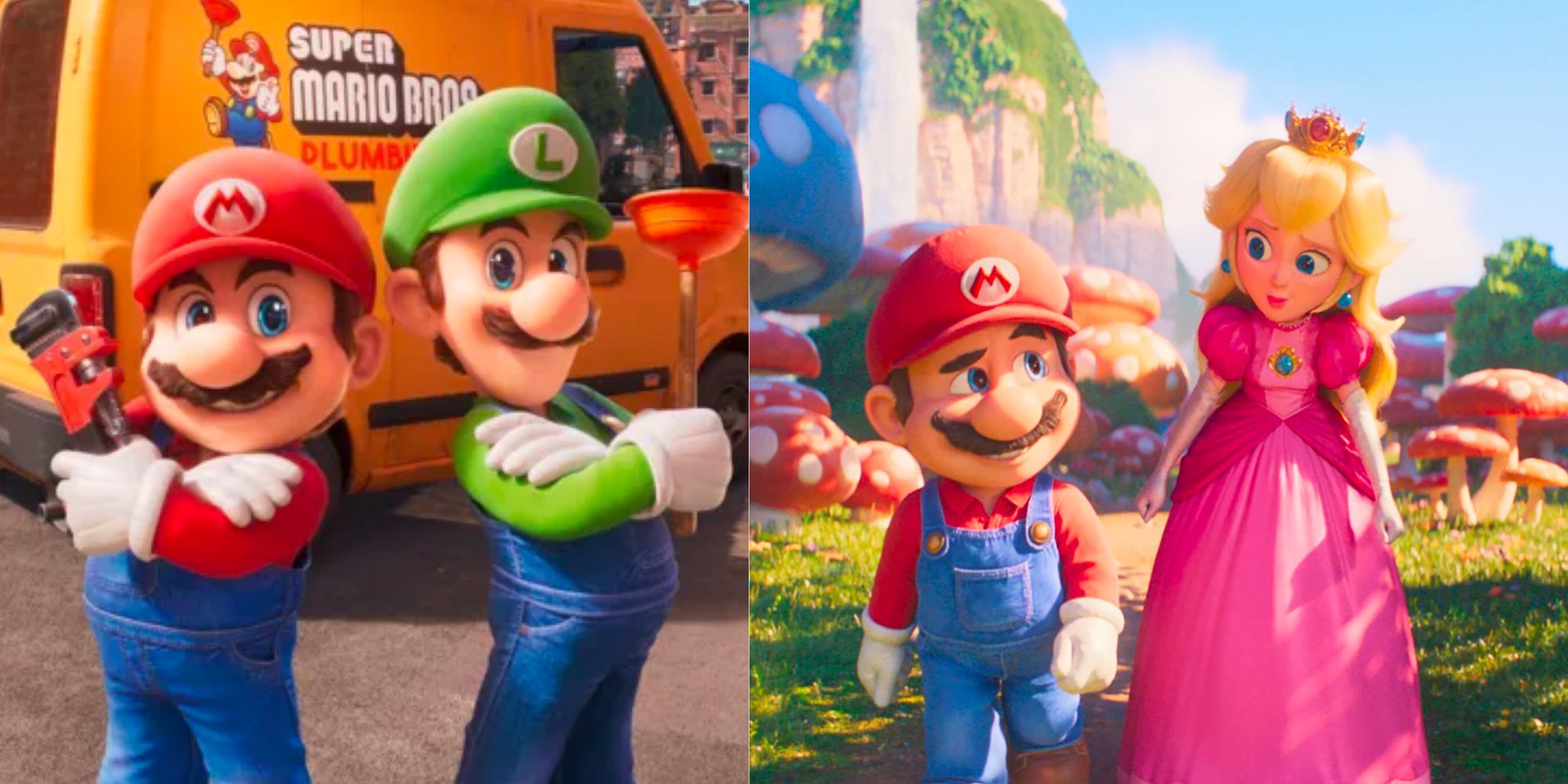 Mario and Luigi Standing in Front of Plumbing Truck in the New Super Mario Bros Movie; Mario Walking with Peach in the New Super Mario Bros Movie