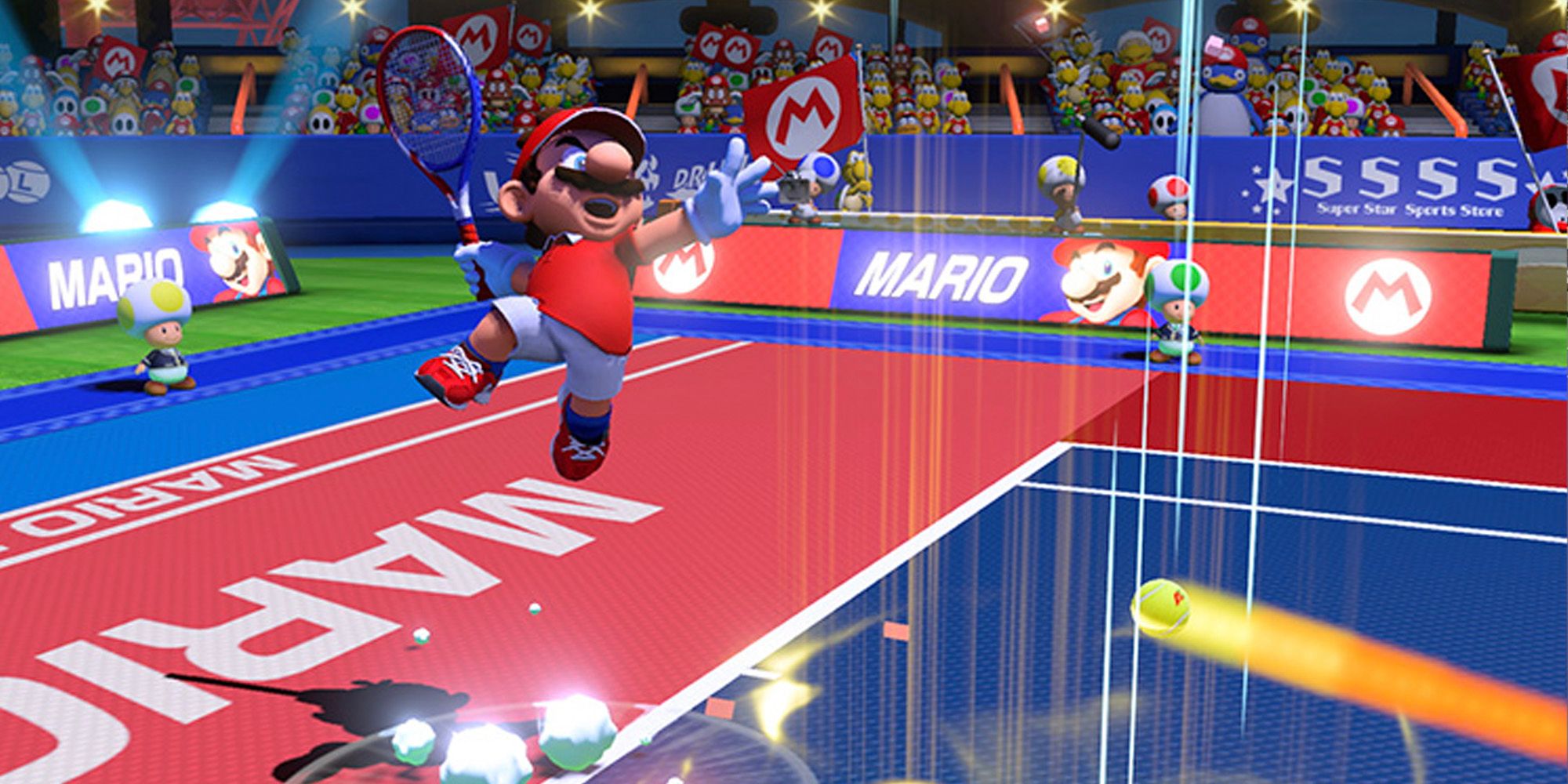 Mario ready to smash the ball and score a point in Mario Tennis Aces for the Nintendo Switch